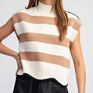 Striped Sleeveless Knit Turtleneck Sweater in Cream & Tan